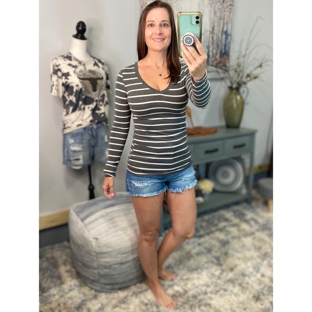 ❤️‍🔥Nautical Striped Preppy Stretch V-Neck Shirt Bright Charcoal White 1922
